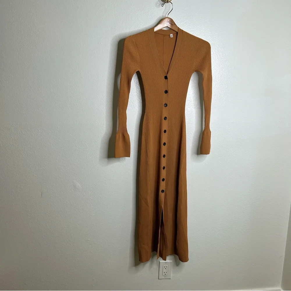A.L.C. Tamara Button Front Maxi Dress Ribbed Long Sleeve in Cashew XS - Picture 4 of 12